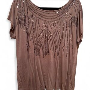 Lane Bryant Women's Brown Embellished Sequined Blouse Shirt Short Sleeve